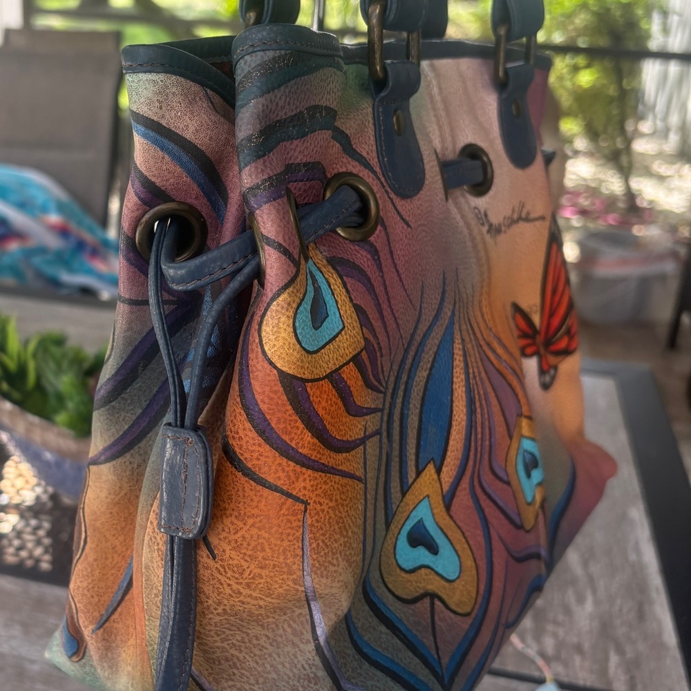 EUC, Anuschka Peacock Butterfly Multicolor Hand-Painted Shoulder Bag - Picture 8 of 15